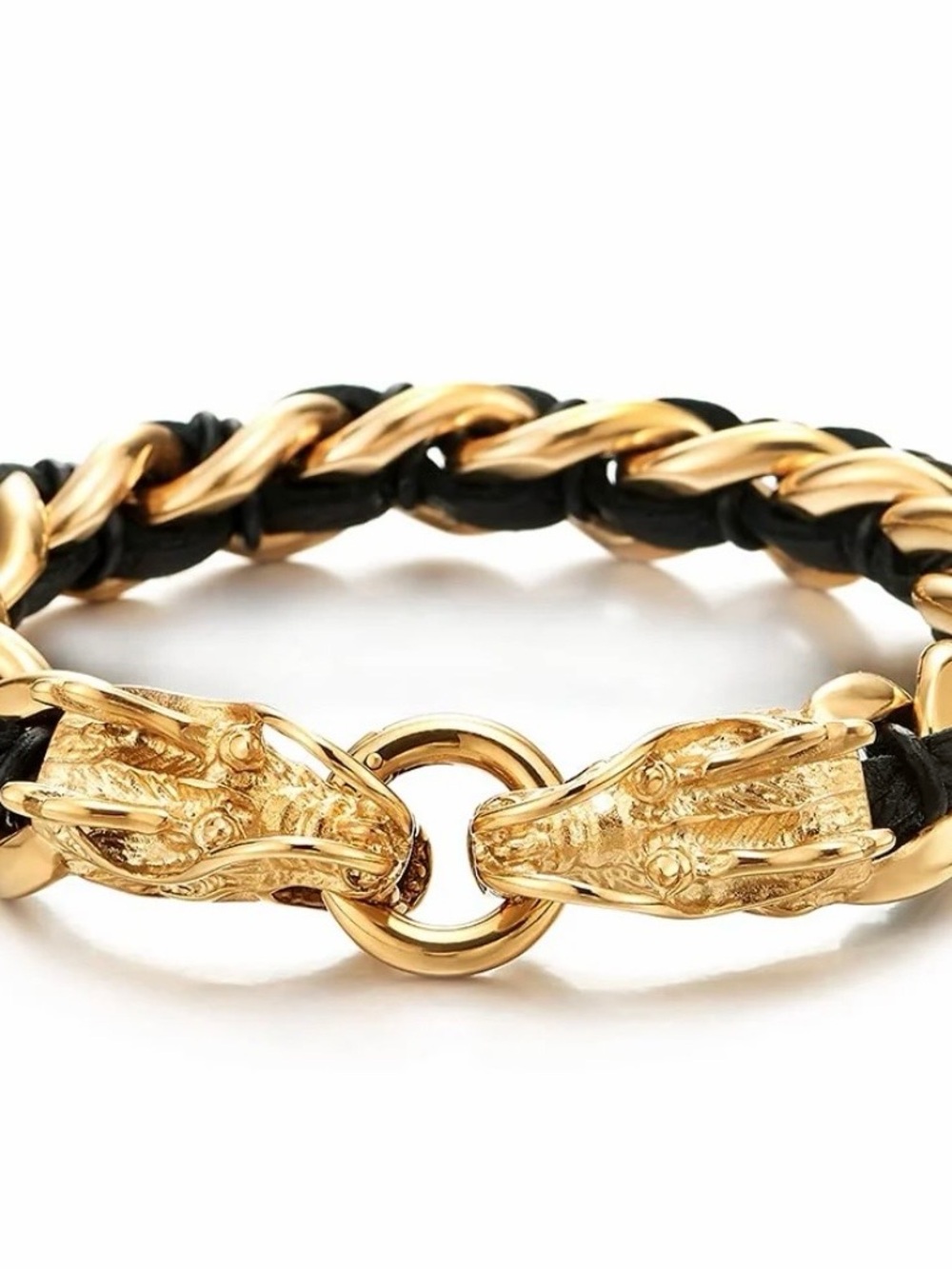 Gold-Tone Stainless Steel Dragon Bracelet for Men, Black Leather Strap